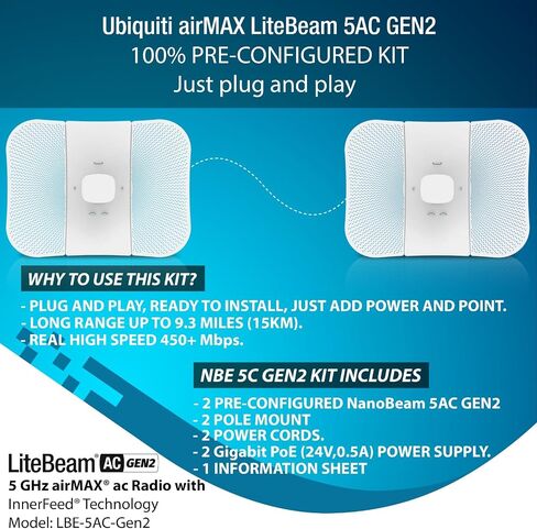 جسر لاسلكي LBE-5AC-GEN2 مجموعة مكونة مسبقًا من 2 Ubiquiti LiteBeam 5AC GEN2، 2 J-POLES، 2 CAT 8 كابلات 100% جسر واي فاي خارجي من نقطة إلى نقطة، نقطة وصول، 450+ ميجابت في الثانية، نطاق 15+ كم in Kuwait