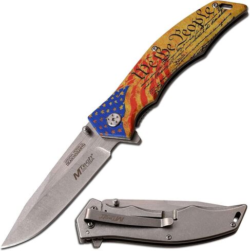MTECH USA Xtreme – Spring Assisted Folding Knife – Stonewashed Finish Fine Edge Drop Point Blade, American Flag We The People Stainless Steel Handle, Frame Lock, EDC, Tactical – MX-A849FC, Yellow in Kuwait
