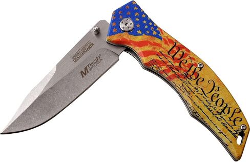 MTECH USA Xtreme – Spring Assisted Folding Knife – Stonewashed Finish Fine Edge Drop Point Blade, American Flag We The People Stainless Steel Handle, Frame Lock, EDC, Tactical – MX-A849FC, Yellow in Kuwait