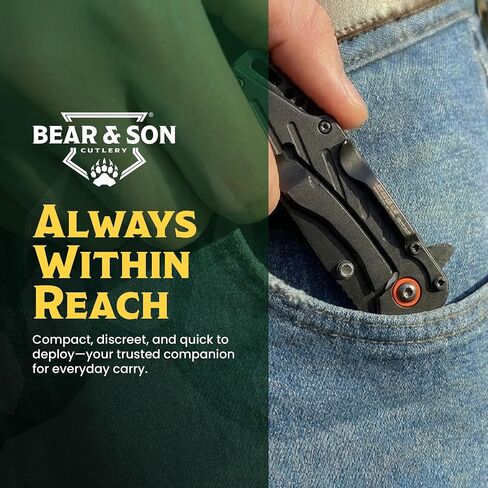 Bear & Son Bear Edge 3-3/8" Frame Lock Folding Pocket EDC Knife – 440 Stainless Steel Drop Point Blade – Compact Lightweight Manual Folder with Black Steel Handles & Pocket/Boot Clip (61104) in Kuwait
