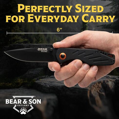 Bear & Son Bear Edge 3-3/8" Frame Lock Folding Pocket EDC Knife – 440 Stainless Steel Drop Point Blade – Compact Lightweight Manual Folder with Black Steel Handles & Pocket/Boot Clip (61104) in Kuwait