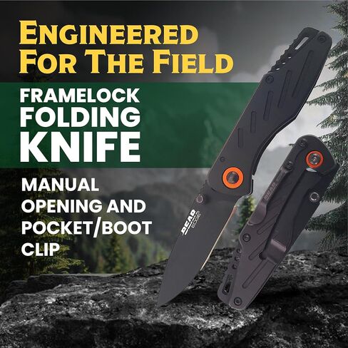 Bear & Son Bear Edge 3-3/8" Frame Lock Folding Pocket EDC Knife – 440 Stainless Steel Drop Point Blade – Compact Lightweight Manual Folder with Black Steel Handles & Pocket/Boot Clip (61104) in Kuwait