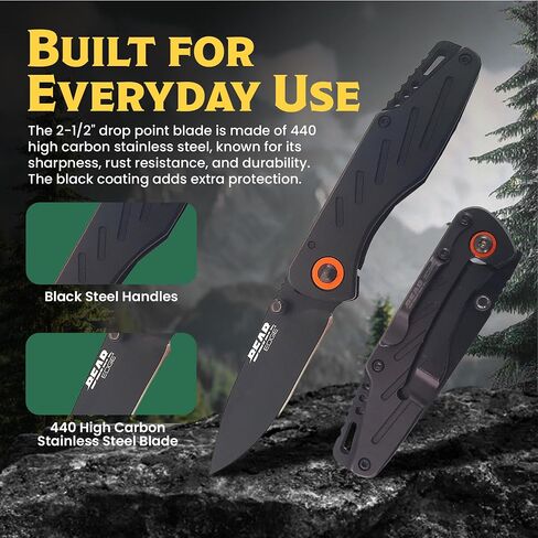 Bear & Son Bear Edge 3-3/8" Frame Lock Folding Pocket EDC Knife – 440 Stainless Steel Drop Point Blade – Compact Lightweight Manual Folder with Black Steel Handles & Pocket/Boot Clip (61104) in Kuwait