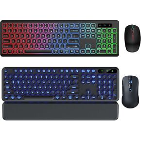 2 Pack Backlit Wireless Keyboard and Mouse Combo-RGB Backlit Keyboard with Detachable Wrist Rest, Retro Round Keycaps, Light Up Letters Sleep Mode for Mac, Windows, Laptop, PC in Kuwait