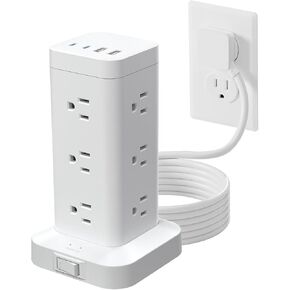 Tower Power Strip with PD 30W Fast-Charging Port, 12 Outlets, 4 USB Ports (2 USB-C), 1800J Surge Protector, Charging Station for Multiple Devices,10FT Extension Cord, Black, Home Office Essentials in Kuwait