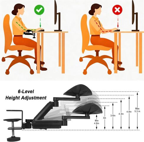 Adjustable Arm Rest for Desk, 360° Rotating and 6-Level Height Desk Arm Rest, Ergonomic Clamp-on Elbow Rest for Desk, Computer Desk Arm Rest Pad, Office & Gaming Desk Accessories in Kuwait