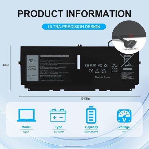 استبدال بطارية الكمبيوتر المحمول 722KK 52Wh لجهاز Dell XPS 13 9300 (إصدار 2020) XPS 13 9310 (2020)، XPS 13 9300 (2020)، XPS 13 9380 (2020) P117G001 P117G P117G002 Series WN0N0 2XXFW FP86V بطارية الكمبيوتر المحمول in Kuwait
