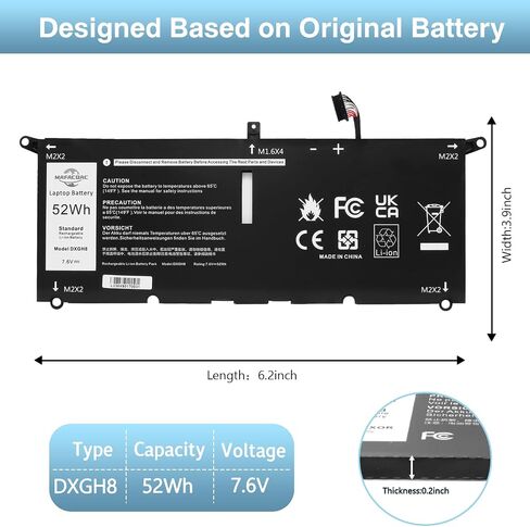DXGH8 7.6V 52Wh Laptop Battery: Replacement for Dell XPS 13 9370 9380 7390 Inspiron 13 7000 7391 2-in-1 5390 5391 XPS13 9305 XPS13-9370 Notebook Li-ion Battery G8VCF in Kuwait