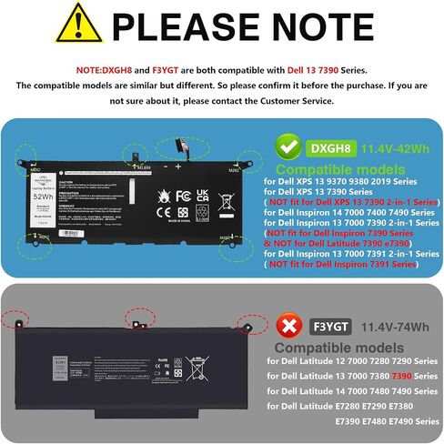 DXGH8 7.6V 52Wh Laptop Battery: Replacement for Dell XPS 13 9370 9380 7390 Inspiron 13 7000 7391 2-in-1 5390 5391 XPS13 9305 XPS13-9370 Notebook Li-ion Battery G8VCF in Kuwait