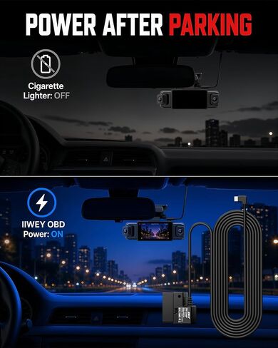 IIWEY OBD Charger for Dash Cam, Plug-and-Play Parking Mode Power Cable with Low-Voltage Protection, 12V/24V to USB-C 5V/2.5A, 11.5 ft, 3/5/10-Min Delay in Kuwait