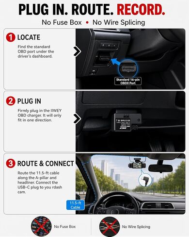 IIWEY OBD Charger for Dash Cam, Plug-and-Play Parking Mode Power Cable with Low-Voltage Protection, 12V/24V to USB-C 5V/2.5A, 11.5 ft, 3/5/10-Min Delay in Kuwait