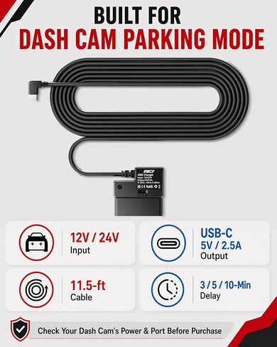 IIWEY OBD Charger for Dash Cam, Plug-and-Play Parking Mode Power Cable with Low-Voltage Protection, 12V/24V to USB-C 5V/2.5A, 11.5 ft, 3/5/10-Min Delay in Kuwait