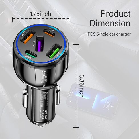 Upgraded Car Charger USB C with 5 Port,75W Cigarette Lighter Adapter with Type-C & QC 3.0 Ultra Fast Charging Port,Universal Car Charger Adapter for Navigator,Dash Cam (Black) in Saudi Arabia
