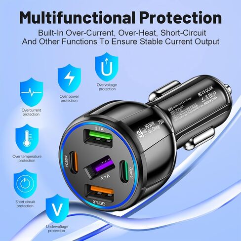Upgraded Car Charger USB C with 5 Port,75W Cigarette Lighter Adapter with Type-C & QC 3.0 Ultra Fast Charging Port,Universal Car Charger Adapter for Navigator,Dash Cam (Black) in Saudi Arabia
