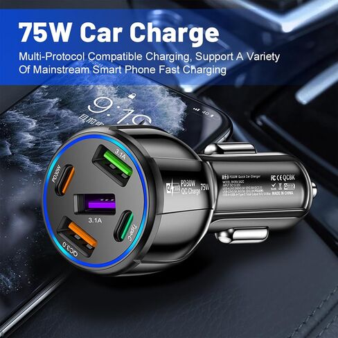 Upgraded Car Charger USB C with 5 Port,75W Cigarette Lighter Adapter with Type-C & QC 3.0 Ultra Fast Charging Port,Universal Car Charger Adapter for Navigator,Dash Cam (Black) in Saudi Arabia