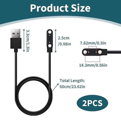 2 حزمة كابل شاحن مغناطيسي للساعة الذكية، 2 دبوس 7.62 ملم سلك شحن بديل USB متوافق مع الساعات الذكية لتتبع اللياقة البدنية، النظارات الذكية، سماعات توصيل العظام، الأجهزة التي يمكن ارتداؤها in Kuwait