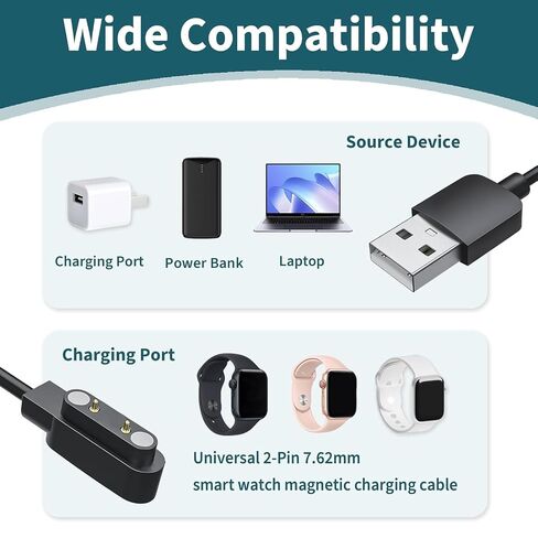 2 حزمة كابل شاحن مغناطيسي للساعة الذكية، 2 دبوس 7.62 ملم سلك شحن بديل USB متوافق مع الساعات الذكية لتتبع اللياقة البدنية، النظارات الذكية، سماعات توصيل العظام، الأجهزة التي يمكن ارتداؤها in Kuwait