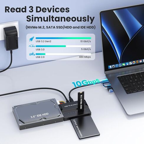 Universal 3-in-1 Hard Drive Enclosure - Tool-Free USB 3.2 10Gbps Type-C Adapter for NVMe M.2 (2230-2280), 2.5"/3.5" SATA & IDE HDDs, External SSD Reader for 3.5" IDE Drives in Saudi Arabia