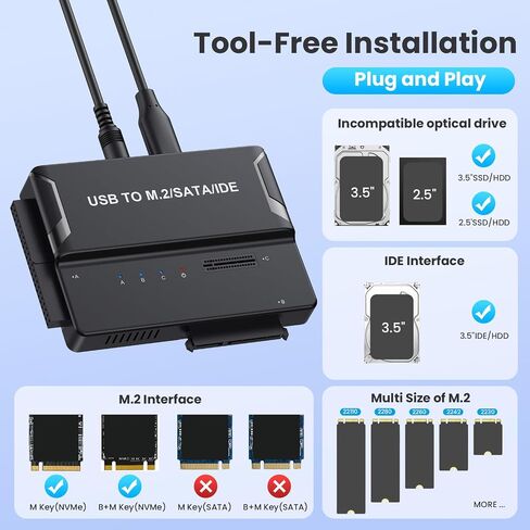 Universal 3-in-1 Hard Drive Enclosure - Tool-Free USB 3.2 10Gbps Type-C Adapter for NVMe M.2 (2230-2280), 2.5"/3.5" SATA & IDE HDDs, External SSD Reader for 3.5" IDE Drives in Saudi Arabia