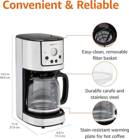 Amazon Basics Programmable Coffeemaker with Carafe and Reusable Filter, Stainless Steel, 12 Cups, Black in Saudi Arabia