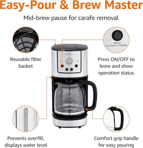 Amazon Basics Programmable Coffeemaker with Carafe and Reusable Filter, Stainless Steel, 12 Cups, Black in Saudi Arabia