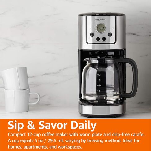Amazon Basics Programmable Coffeemaker with Carafe and Reusable Filter, Stainless Steel, 12 Cups, Black in Saudi Arabia