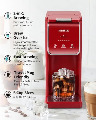 KIDISLE Single Serve Coffee Maker for K Cup & Ground Coffee – Hot & Iced, 6-16oz Sizes, 40oz Water Tank, Reusable Filter, Compact for Home Office Dorm, Red in Saudi Arabia