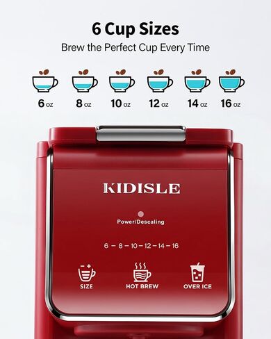 KIDISLE Single Serve Coffee Maker for K Cup & Ground Coffee – Hot & Iced, 6-16oz Sizes, 40oz Water Tank, Reusable Filter, Compact for Home Office Dorm, Red in Saudi Arabia