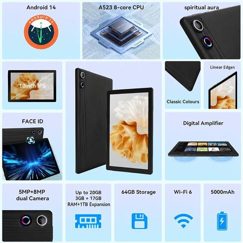Gleeso Tablet, 10 Inch Android 15 Tablet, 20GB RAM+64GB ROM+ 1 TB TF, 5000mAh Fast Charging Battery, HD Display, Widevine L1, Dual Camera, Face ID, Lightweight Portable Tablet for Work Entertainment in Kuwait
