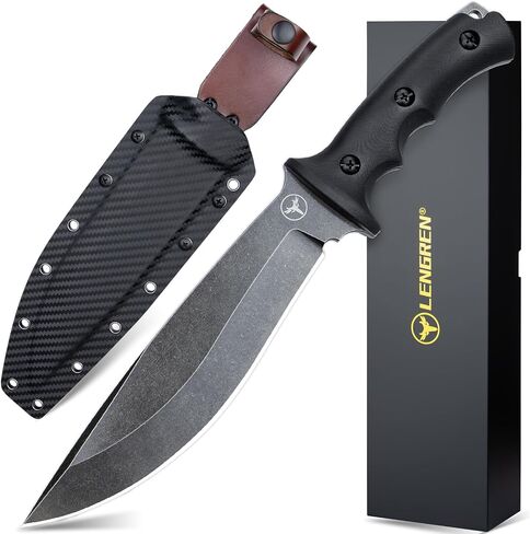 A027 Heavy Fixed Blade Knife, SLEIPNER Steel, 61HRC, Black Stone Wash, Full Tang,G10 Handle, 7.48" Blade, with Kydex Sheath, For Men Camping Hiking Hunting (Black Stone Wash) in Saudi Arabia