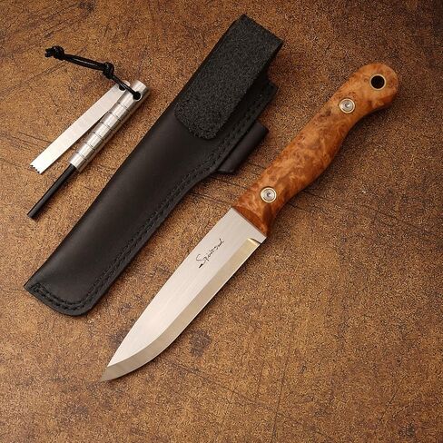AUS-8 Survival Knife with Leather Sheath & Fire Starter, Full Tang Camping/Hunting/Bushcraft Fixed Blade Knife in Kuwait