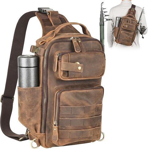 Leather Fishing Tactical Bag Genuine Sling Tackle Bag Adjustable Shoulder Large Backpack Storge Fishing Gear and Equipment for Men Women in Kuwait