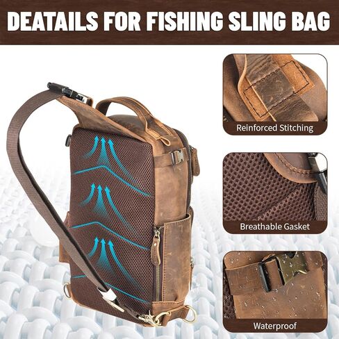 Leather Fishing Tactical Bag Genuine Sling Tackle Bag Adjustable Shoulder Large Backpack Storge Fishing Gear and Equipment for Men Women in Kuwait