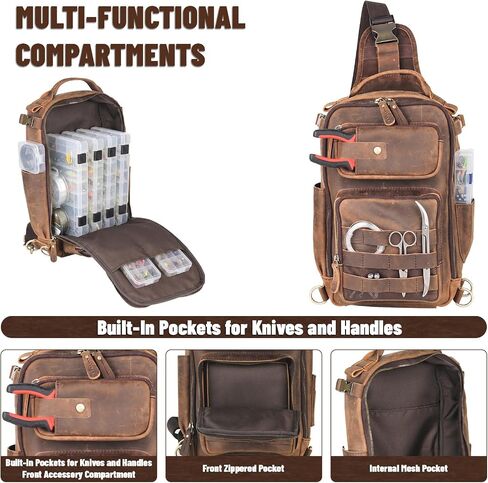 Leather Fishing Tactical Bag Genuine Sling Tackle Bag Adjustable Shoulder Large Backpack Storge Fishing Gear and Equipment for Men Women in Kuwait