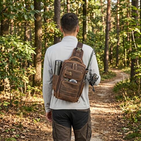 Leather Fishing Tactical Bag Genuine Sling Tackle Bag Adjustable Shoulder Large Backpack Storge Fishing Gear and Equipment for Men Women in Kuwait
