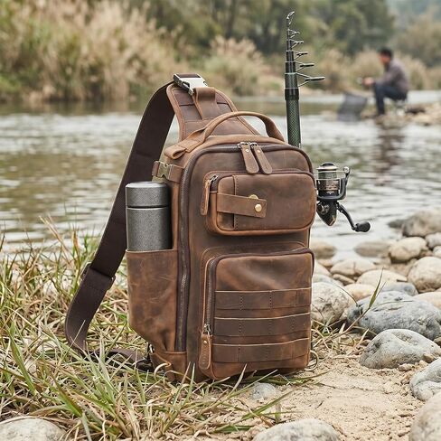 Leather Fishing Tactical Bag Genuine Sling Tackle Bag Adjustable Shoulder Large Backpack Storge Fishing Gear and Equipment for Men Women in Kuwait