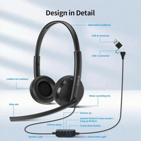 TOALLIN Wired Headset with Noise Canceling Mics, USB Stereo Headphones in Kuwait
