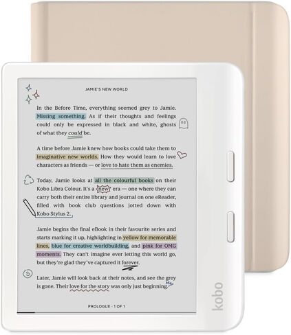 Kobo Libra Colour White eReader & Sand Beige Notebook SleepCover Bundle | 7" Glare-Free Colour E Ink Kaleido 3 Display | Dark Mode Option | Waterproof | Built-in-2-Way Stand Cover in Kuwait
