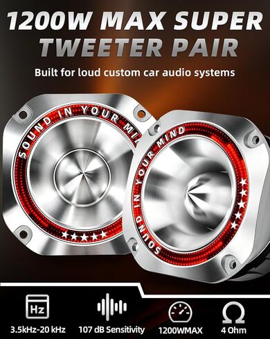 4 Inch Super Tweeters for Car Audio, 1200W MAX 4 Ohm Bullet Tweeter Speakers Pair, 107dB Titanium Compression Drivers with 1.5 Inch Voice Coil for Door Panels Speaker Boxes in Kuwait