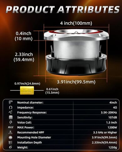 4 Inch Super Tweeters for Car Audio, 1200W MAX 4 Ohm Bullet Tweeter Speakers Pair, 107dB Titanium Compression Drivers with 1.5 Inch Voice Coil for Door Panels Speaker Boxes in Kuwait
