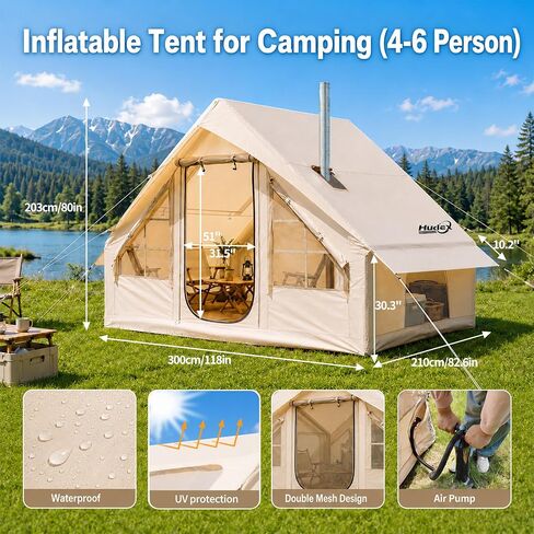 Inflatable Tent for Camping 4-6 Person-Blow Up Tent with Hand Pump-Air Tent with Stove Jack – Portable Hot Tent for Family Glamping, Outdoor Festival（Quick Setup-5 Min for 4 Season） in Kuwait