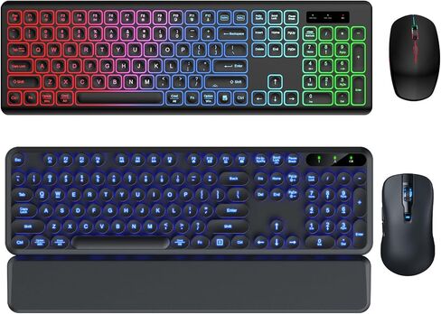 2 Pack Backlit Wireless Keyboard and Mouse Combo-RGB Backlit Keyboard with Detachable Wrist Rest, Retro Round Keycaps, Light Up Letters Sleep Mode for Mac, Windows, Laptop, PC in Kuwait