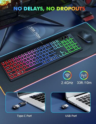 2 Pack Backlit Wireless Keyboard and Mouse Combo-RGB Backlit Keyboard with Detachable Wrist Rest, Retro Round Keycaps, Light Up Letters Sleep Mode for Mac, Windows, Laptop, PC in Kuwait