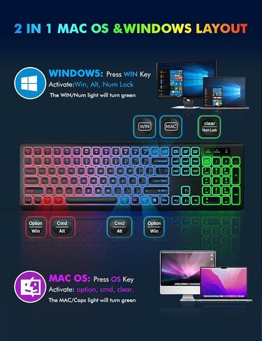 2 Pack Backlit Wireless Keyboard and Mouse Combo-RGB Backlit Keyboard with Detachable Wrist Rest, Retro Round Keycaps, Light Up Letters Sleep Mode for Mac, Windows, Laptop, PC in Kuwait