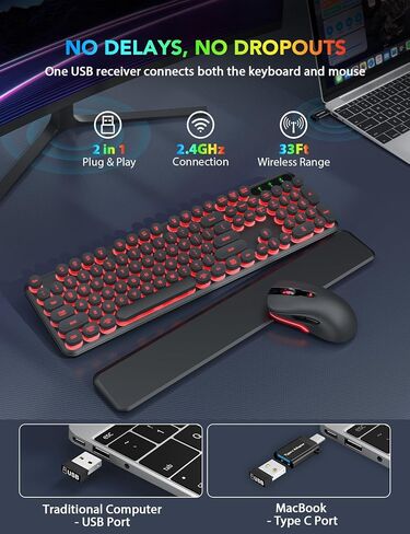 2 Pack Backlit Wireless Keyboard and Mouse Combo-RGB Backlit Keyboard with Detachable Wrist Rest, Retro Round Keycaps, Light Up Letters Sleep Mode for Mac, Windows, Laptop, PC in Kuwait