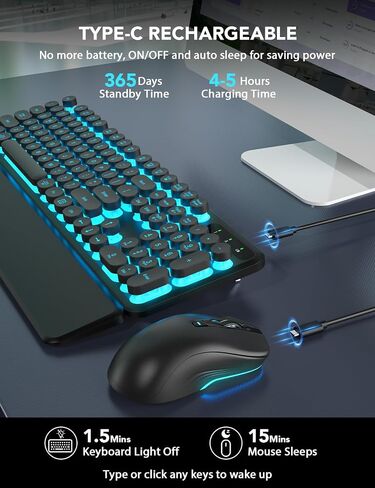 2 Pack Backlit Wireless Keyboard and Mouse Combo-RGB Backlit Keyboard with Detachable Wrist Rest, Retro Round Keycaps, Light Up Letters Sleep Mode for Mac, Windows, Laptop, PC in Kuwait
