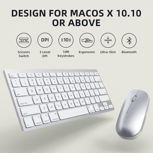 Bluetooth Keyboard and Mouse Compatible with Mac, OMOTON Ultra-Slim Wireless Keyboard and Mouse Combo Compatiblei with MacOS, MacBook Pro/Air, iMac, Mac mini, Laptop and PC (Silver) in Saudi Arabia
