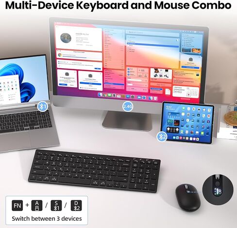 Wireless Keyboard and Mouse Combo, 2 in 1 USB Receiver and 2 bluetooth for 3 Device, Ultra-Slim Keyboard with Adjustable Stand and 4-way Scroll Mouse Combo for Computer, Laptop, Tablet, MacBook, iPad. in Kuwait
