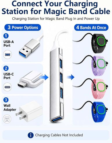 Charger for MagicBand+, 4 Port Charging Station for Magic Band, Multiple Charging Station for MagicBand, Charger Accessories for Magic Band Plus, Family Theme Park Trip Essentials (Silver) in Kuwait