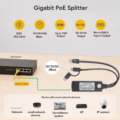 Gigabit PoE Splitter with Micro-USB and Type-C,5V/3A Max, Comply IEEE 802.3af/at, 10/100/1000Mbps, Plug and Play for IP Camera (PD3011G) in Kuwait
